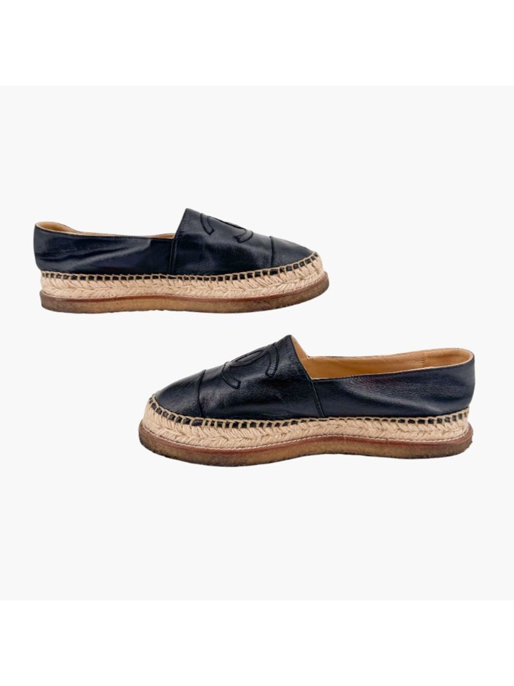 Chanel Black Leather CC Logo Espadrille Flats Size 39 US 8.5 Platform Shoes - Picture 9 of 14